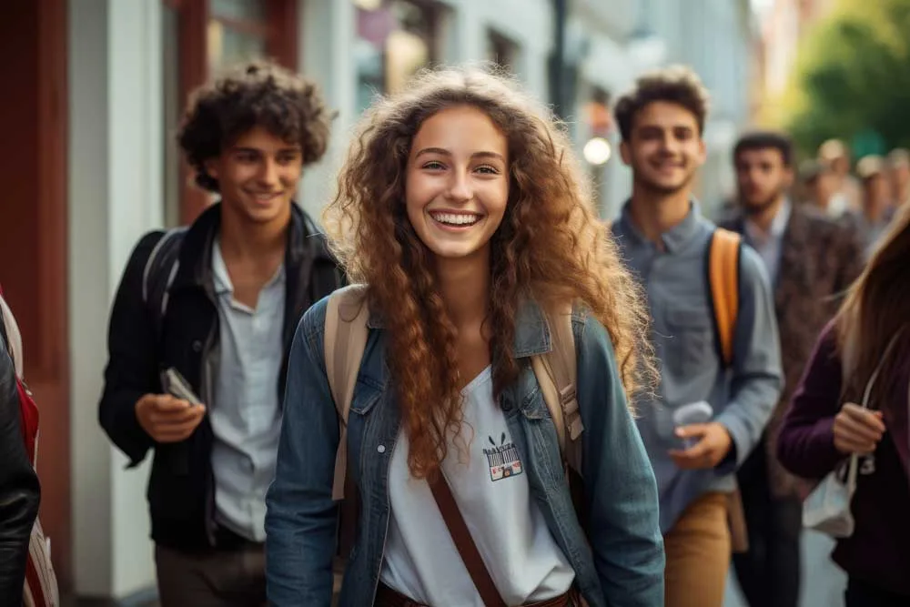 Schüler benoten Lehrer, Schulen und Praktikumsbetriebe - Ausbildung und Karriere - High School Students in the School Yard Back to School AI Generated jpg